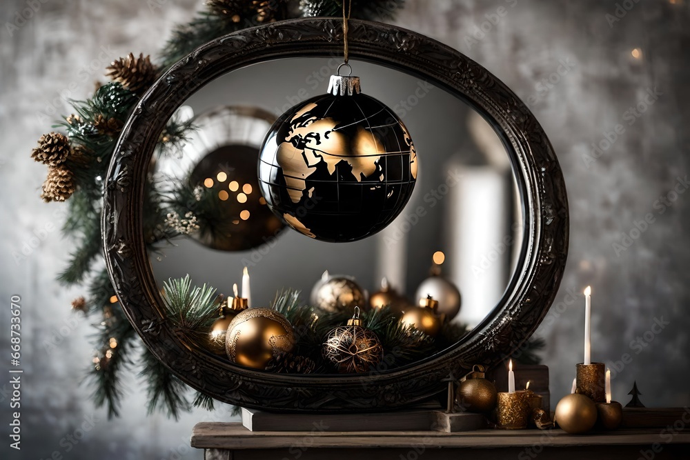 Create an image of a black Christmas ornament of world globe hanging from an antique mirror frame