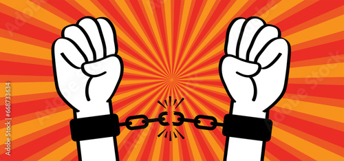 Arrest. Chain of slavery, hand in handcuffs. Broken, chained, handcuffed hands. Slave iron, prisoner, problems, convict, freedom, debt, addiction liberty, liberation, slavery or bad habits. Shackle. 