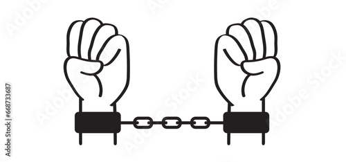 Arrest. Chain of slavery, hand in handcuffs. Broken, chained, handcuffed hands. Slave iron, prisoner, problems, convict, freedom, debt, addiction liberty, liberation, slavery or bad habits. Shackle. 