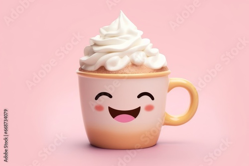 Kawaii cup of hot cocoa with a whipped cream smile, white background. AI generated photo