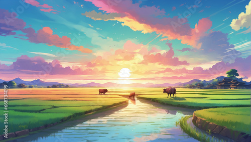 Colorful sunset over a rice paddy, with terraced fields and water buffalo in the tranquil scene, Anime Style.