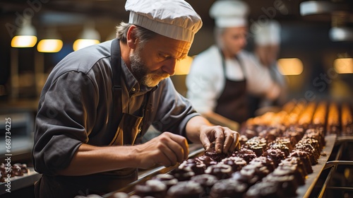 Pastry Chef Preparing Chocolate Desserts in Confectionery
