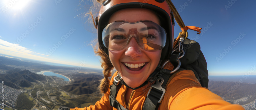 Happy skydiver taking selfie in mid air. Extreme sport concept.