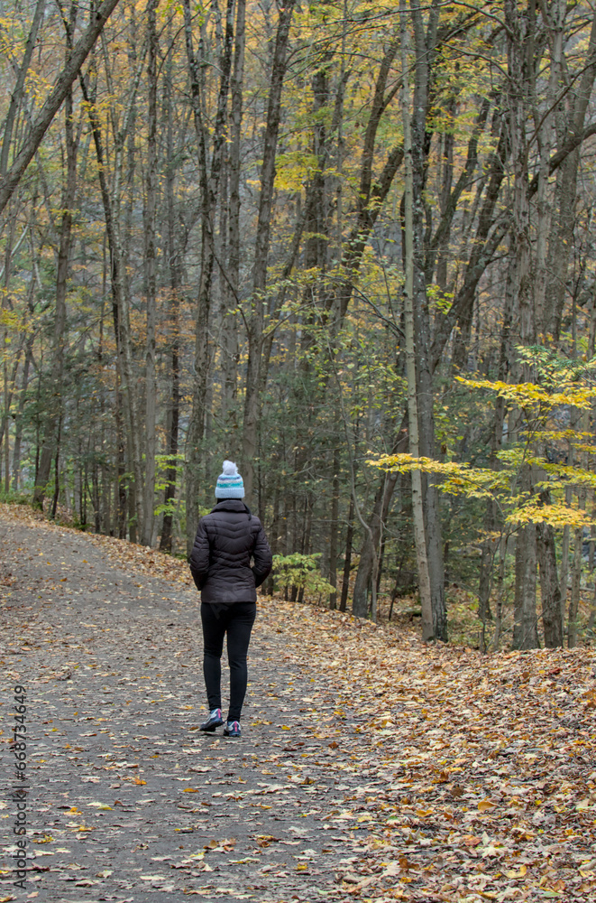 Fototapeta premium woman walking on a hiking trail in Taughannock Falls State Park (waterfall, cayuga lake near ithaca, upstate new york) in autumn with fall foliage (leaves changing colors) wearing brown jacket, hat