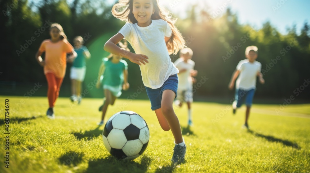 Fototapeta premium Children playing soccer on a sunny day.