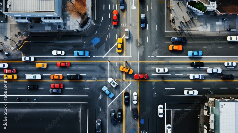 An aerial view of a bustling city intersection, captured in an image. An aerial view of a bustling city intersection, captured in an image.