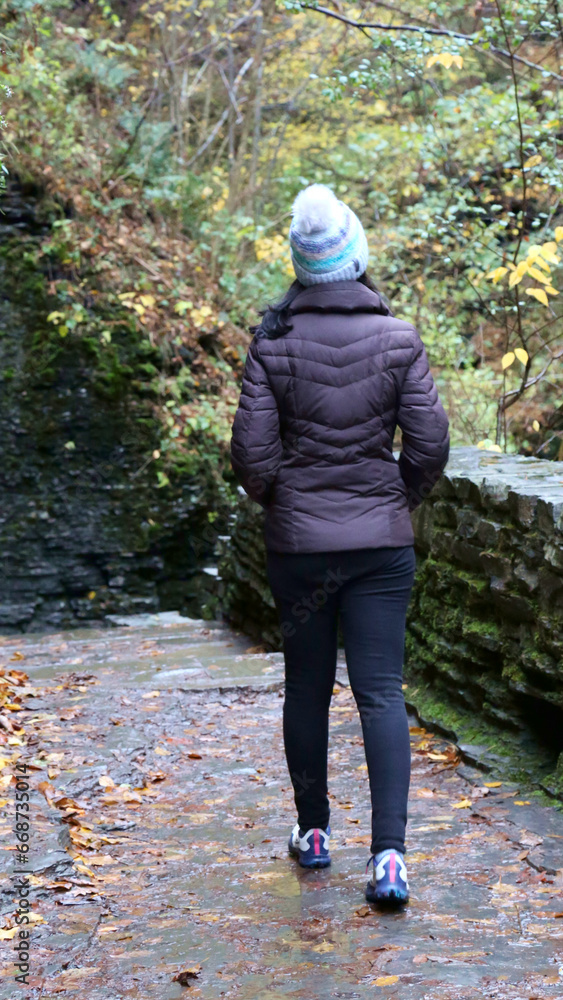 woman walking on a trail in watkins glen state park (shot from behind, unrecognizable) wearing brown puffy jacket, winter hat, dark pants (autumn, leaves changing colors, gorge waterfall trail hike) woman walking on a trail in watkins glen state park (shot from behind, unrecognizable) wearing brown puffy jacket, winter hat, dark pants (autumn, leaves changing colors, gorge waterfall trail hike)