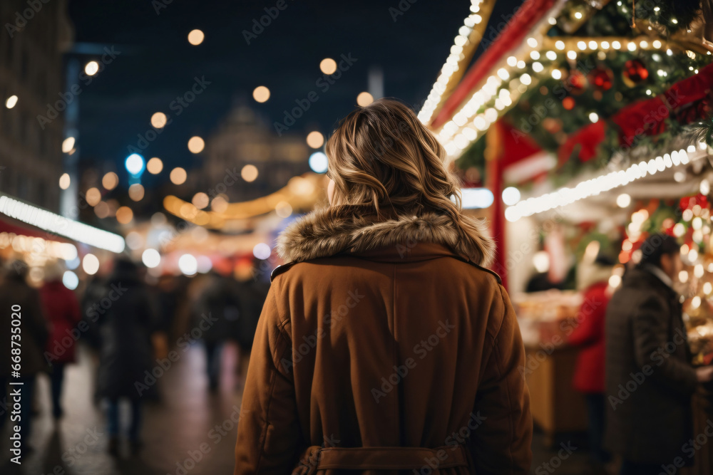 Fototapeta premium woman enjoying the view of the christmas fair at night in the city at xmas eve back view