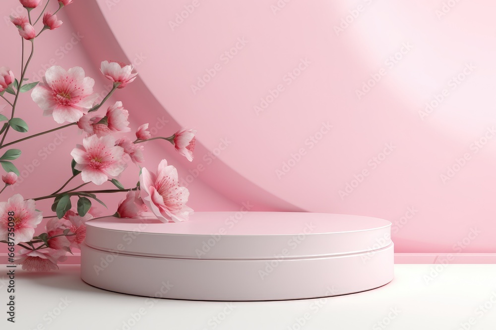 Stone podium with cherry blossom flowers on japanese style background. Japanese style beauty scene for cosmetic product branding Unique presentation and packaging Promotional display. Stone podium with cherry blossom flowers on japanese style background. Japanese style beauty scene for cosmetic product branding Unique presentation and packaging Promotional display.
