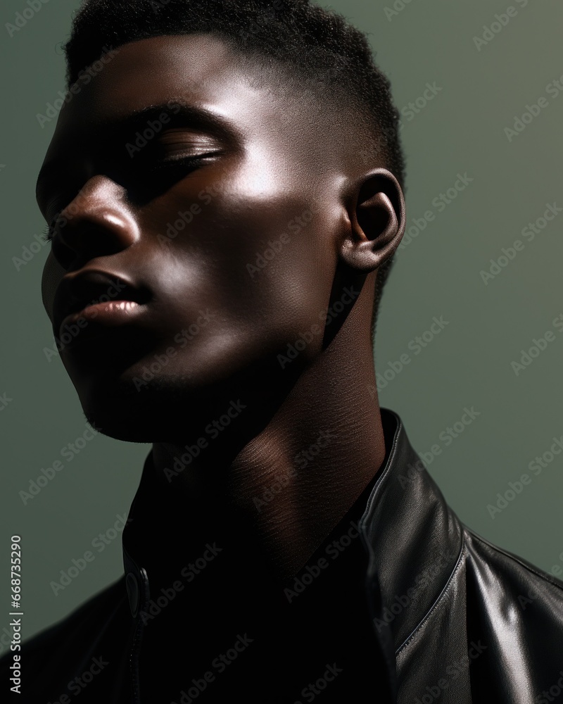An African man wearing a leather jacket gazes upwards in the image. An African man wearing a leather jacket gazes upwards in the image.