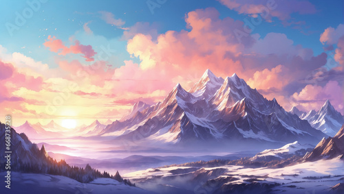 Breathtaking mountain sunset, with the last light of day illuminating snow-capped peaks, Anime Style.