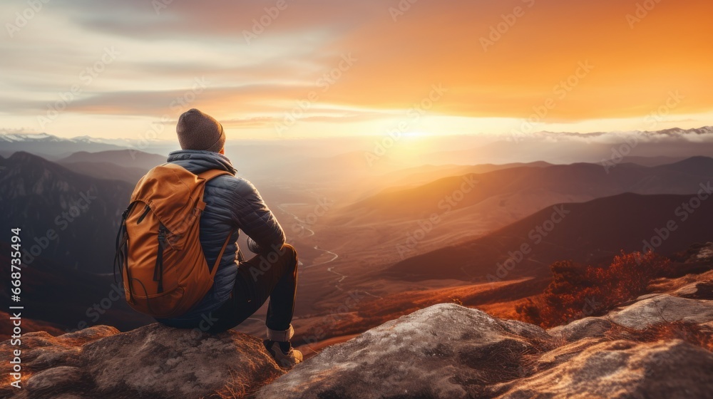 Fototapeta premium A man sitting on a mountain top gazing at the sun with a backpack on his back.