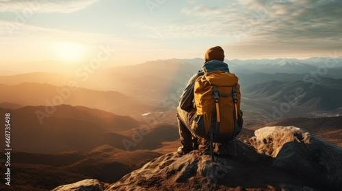 A man sitting on a mountain top gazing at the sun with a backpack on his back.