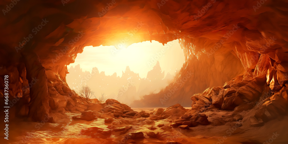 Fantasy desert sunrise in a cave scene