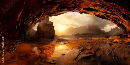Desert sunrise in a cave background