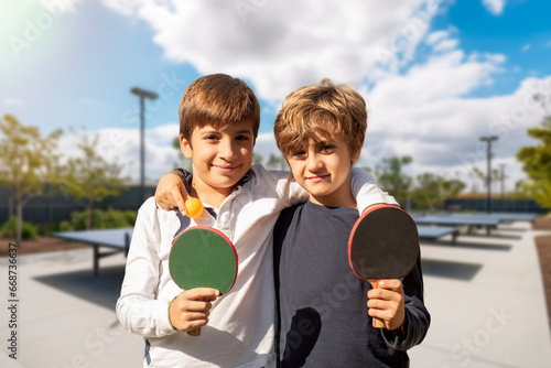 Two kids with ping pong paddles playing at outdoor sports facilities. Sportsmanship in youth. After-school activities for children