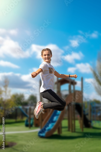 Smiling brunette girl jumping at a playground. Youthful joy and fun. Outdoor sports and leisure. Play area with kids playing