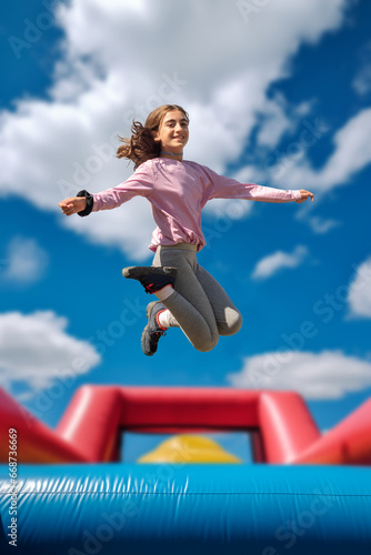 A very happy girl jumping in a bouncy castle. Fun at playgrounds and fairground attractions