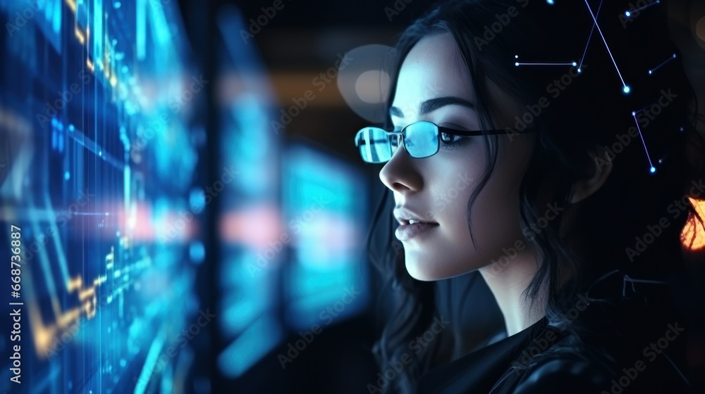 A tech-savvy lady engrossed in a cutting-edge display, exploring the wonders of a futuristic interface. A tech-savvy lady engrossed in a cutting-edge display, exploring the wonders of a futuristic interface.