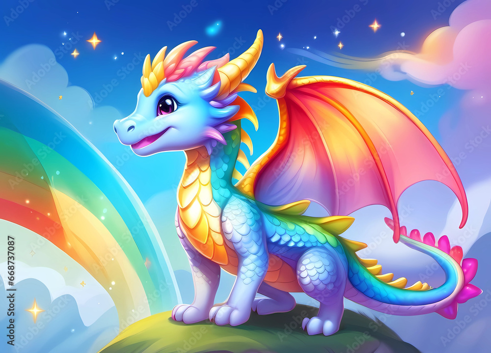 Obraz premium Generative AI. A little rainbow dragon with beautiful wings and horns is happy and smiling. A kind dragon stands on a hill, surrounded by clouds and a rainbow. Colorful illustration. Symbol of the New