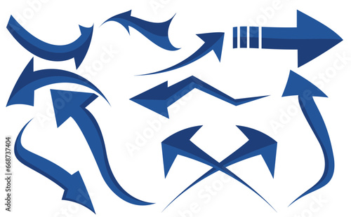 Collection of different blue arrows on white background. Arrow in 3d icons set, blue arrows for app, web and music digital illustration design. Vector illustration