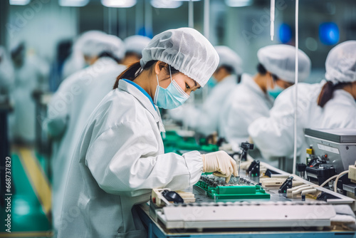 Worker in factory checking smartphone. Worker in work clothes in smartphone factory.