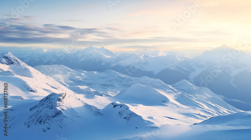 Aerial view of snow-covered mountain peaks at sunrise © l1gend