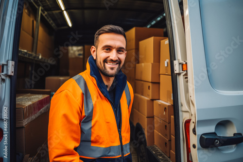 Worker moving around boxes for transport in van. Transport worker boxes.