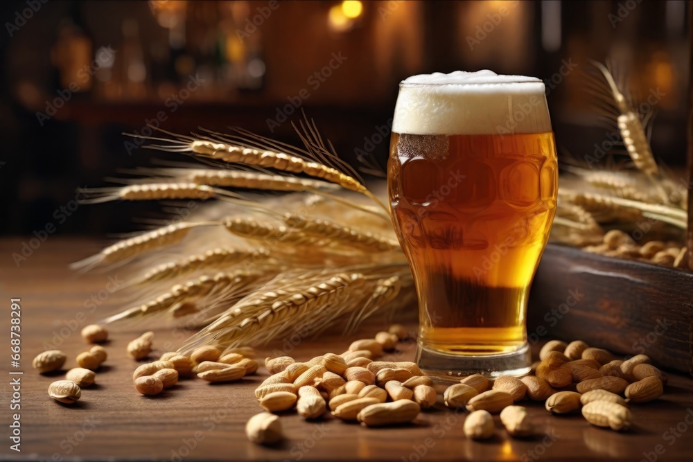 Glass of beer with some peanuts and wheat sprouts on the table Glass of beer with some peanuts and wheat sprouts on the table