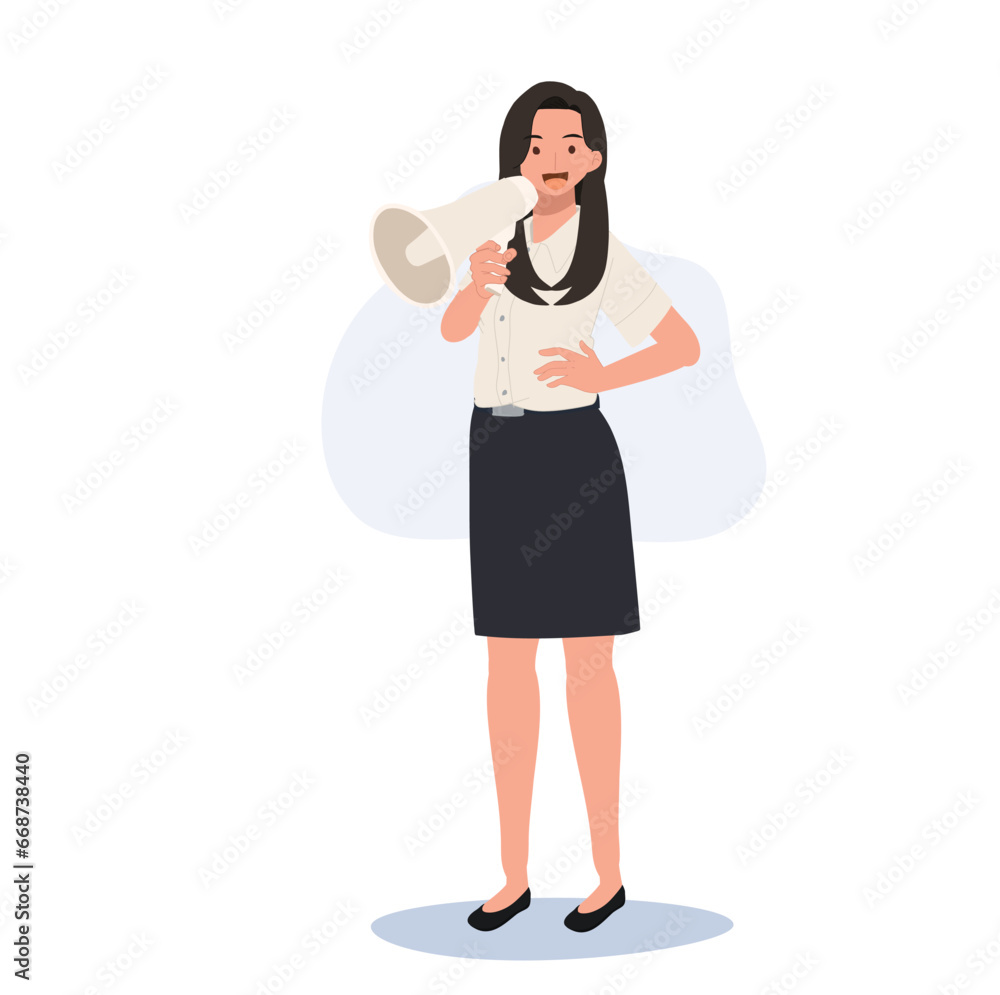 Thai University Student in Uniform with Megaphone. University Student in Uniform Shouting with Megaphone Thai University Student in Uniform with Megaphone. University Student in Uniform Shouting with Megaphone