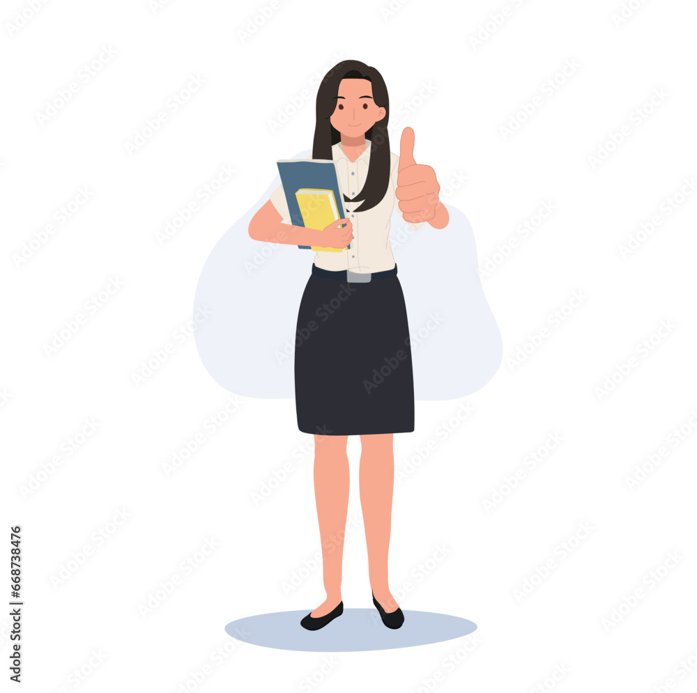 Thai University Student in Uniform is holding books and Showing Thumbs Up. Positive Gesture Thai University Student in Uniform is holding books and Showing Thumbs Up. Positive Gesture