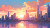 Surreal cityscape at sunset, with skyscrapers ablaze in the warm hues of the setting sun, Anime Style.