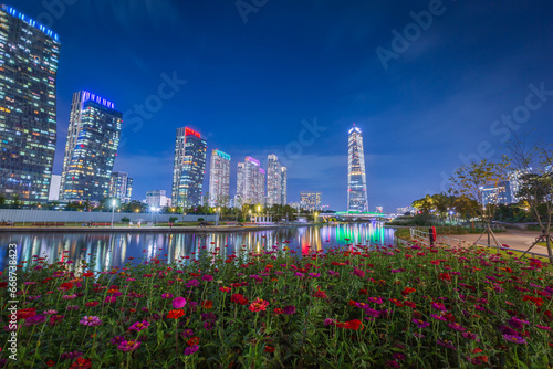 Night view in autumn and beautifully lit at Songdo Central Park in Songdo  District, Incheon South Korea.