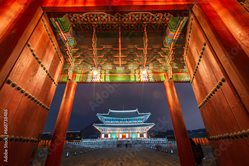 Photography Gyeongbokgung Palace at night is beautiful, Seoul, South Korea.