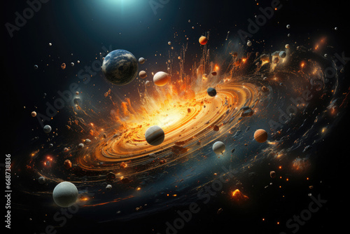 Cosmic landscape with galaxies, planets and stars in space