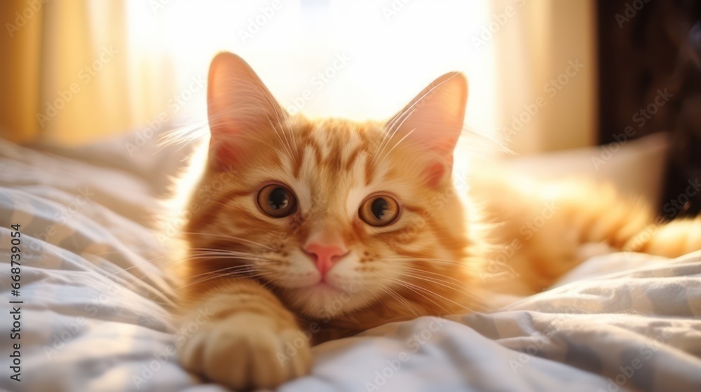 A cute cat peacefully napping on a bed, looking sweetly at the camera with an endearing gaze, set against a background of beautiful bokeh blur and lovely lighting A cute cat peacefully napping on a bed, looking sweetly at the camera with an endearing gaze, set against a background of beautiful bokeh blur and lovely lighting