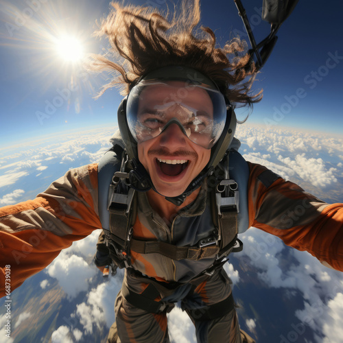 Happy skydiver taking selfie in mid air. Extreme sport concept.