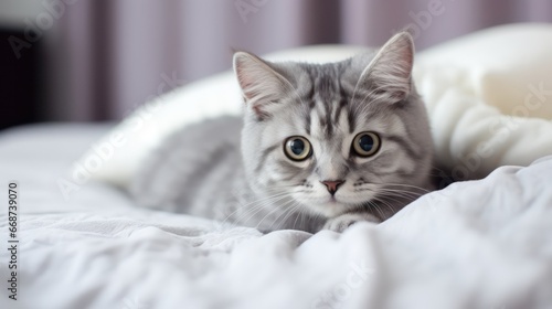 A cute and relaxed kitten sleeping on a bed, looking adorably at the camera with a beautiful bokeh blur effect and lovely lighting.