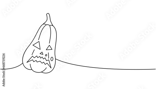Halloween pumpkin with scary face, autumn vegetable one line continuous drawing. Halloween pumpkin face continuous one line illustration.