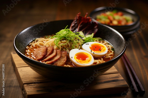 Bowl of hot and spicy ramen with pork and soft boiled egg