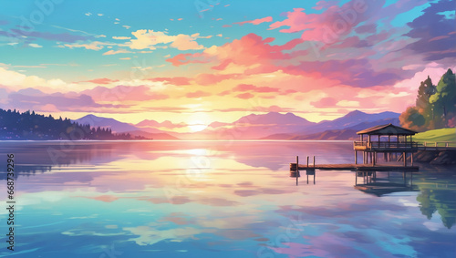 Tranquil lakeside sunset, with a colorful sky reflected on the still water and a dock stretching into the scene, Anime Style. © xKas