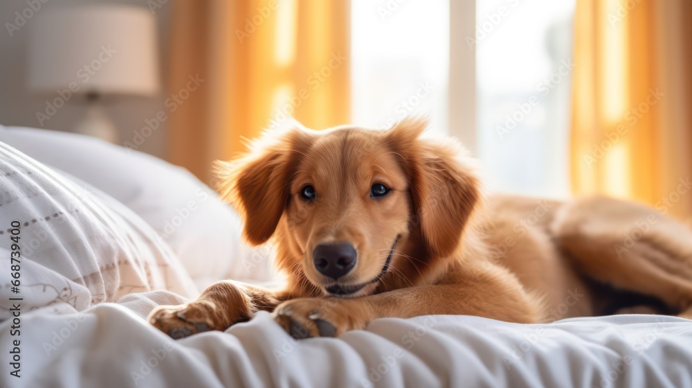 An adorable dog, in a state of relaxation as it sleeps on a bed, gazing tenderly at the camera, and displaying an endearing and captivating expression, enhanced by a bokeh effect and stunning lighting