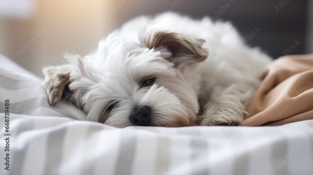 A lovable puppy in a relaxed slumber on a bed, gazing affectionately at the camera, captured with a delightful and adorable expression, featuring a bokeh effect and lovely lighting. A lovable puppy in a relaxed slumber on a bed, gazing affectionately at the camera, captured with a delightful and adorable expression, featuring a bokeh effect and lovely lighting.
