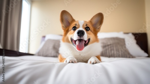A cute dog peacefully napping on a bed, looking sweetly at the camera with an endearing gaze, set against a background of beautiful bokeh blur and lovely lighting. photo