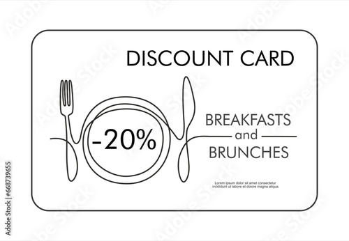 Hand drawn one line vector.Discount card or voucher fast food restaurant or delivery service, template design with one continuous linear food and drinks composition