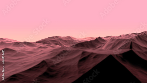 Pink landscape of mountainous terrain, rocky stone surface. Abstract pink mountains. 3D render