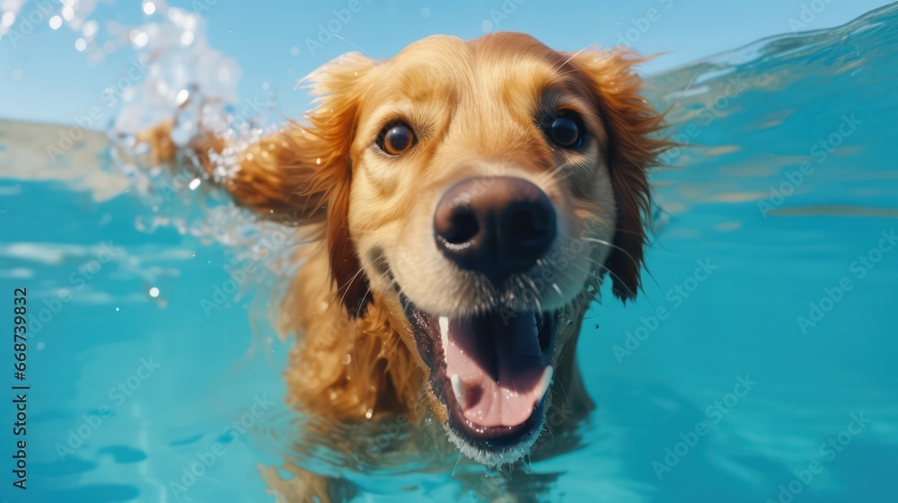 Close up photo of dog swimming or underwater, looking at camera - obrazy, fototapety, plakaty 