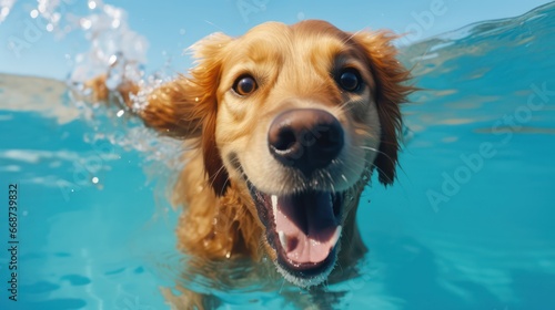 Close up photo of dog swimming or underwater, looking at camera
