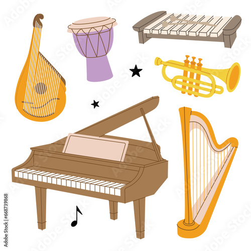 Musical instruments set. Bandura, djembe drum, bongo, congo, grand piano, wooden xylophone, tuba, trumpet, lyre, wooden harp. Vector illustration.