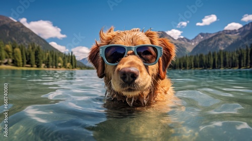 A cute dog wearing sunglasses, swimming in a lake with a beautiful green natural landscape in the background.